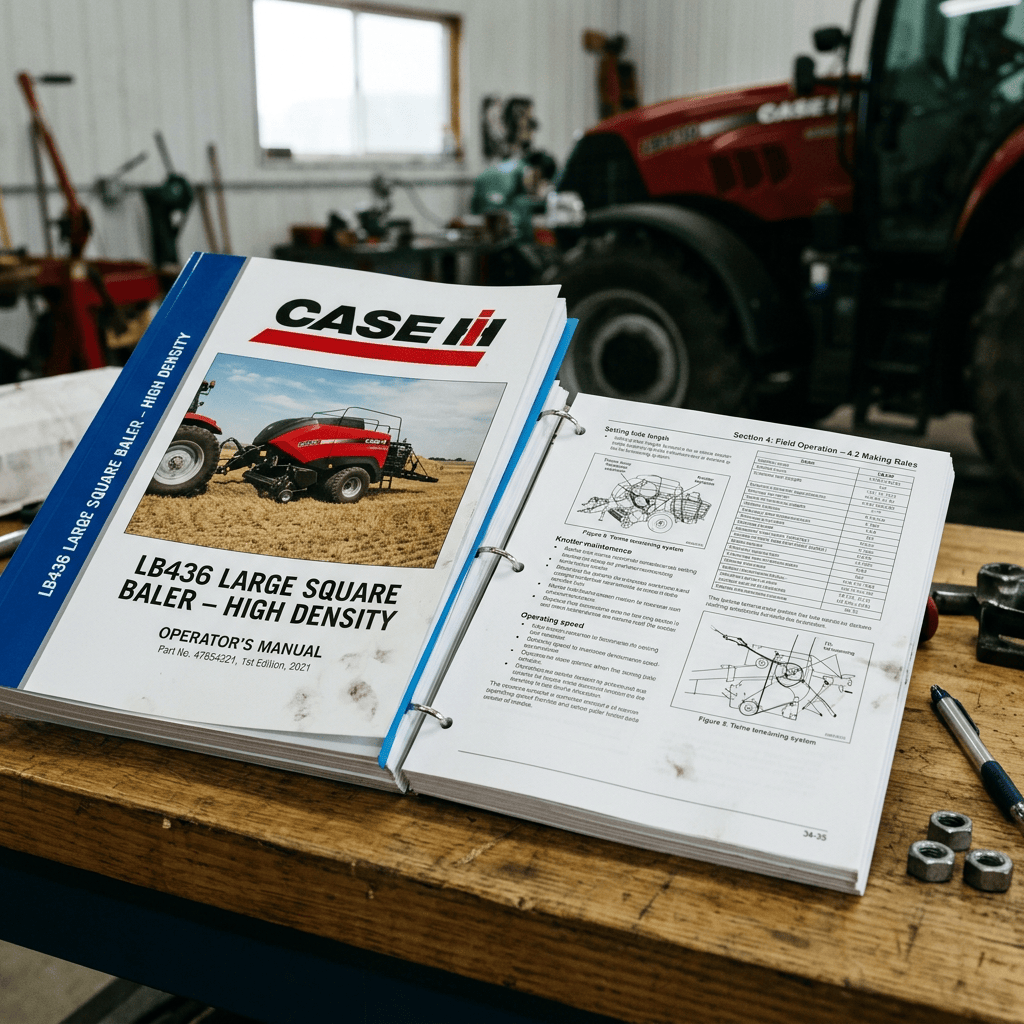 Open Case IH LB436 baler operator’s manual beside a red agricultural baler