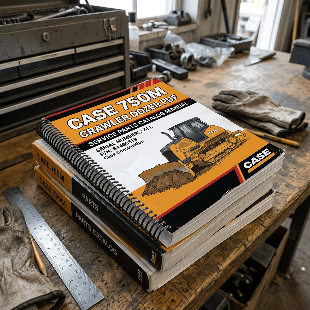 Case 750M crawler dozer parts catalog on a workshop workbench