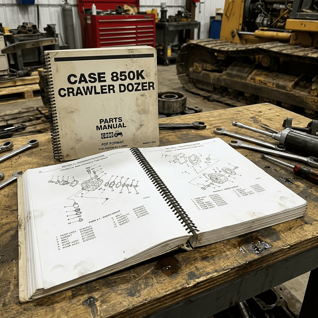 Case 850K crawler dozer parts manual open beside tools and machinery