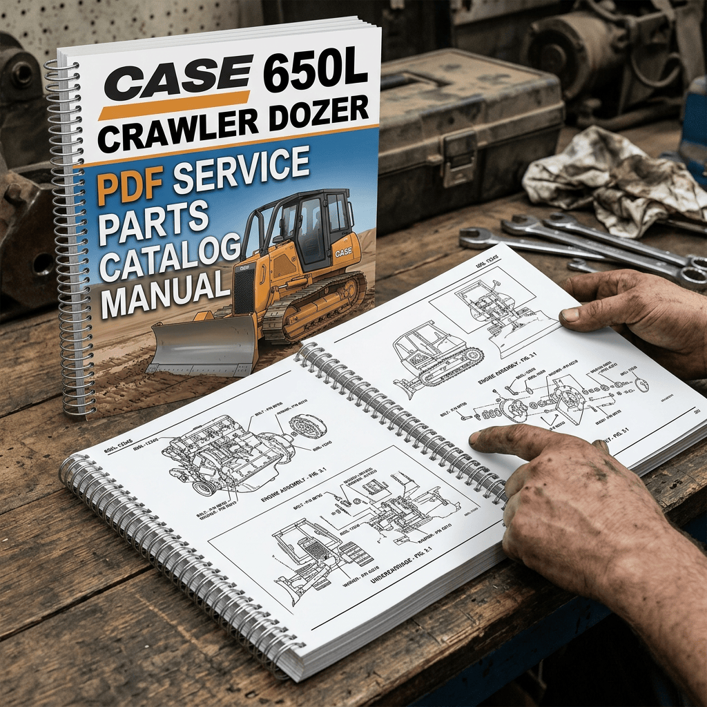 Case 650L crawler dozer service parts catalog beside an open technical manual