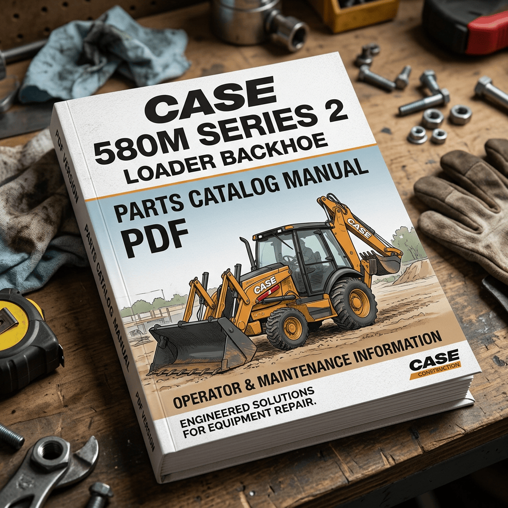 Manual cover reading CASE 580M SERIES 2 LOADER BACKHOE, PARTS CATALOG MANUAL, PDF, OPERATOR & MAINTENANCE INFORMATION, ENGINEERED SOLUTIONS FOR EQUIPMENT REPAIR, and CASE CONSTRUCTION.