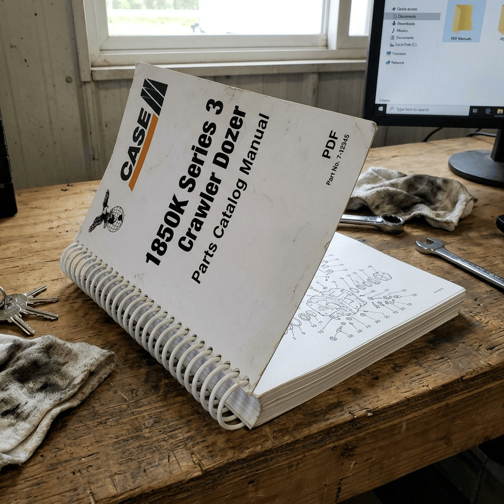 Case 1850K Series 3 Crawler Dozer Parts Catalog Manual, PDF, P/N No. 7-12345, open on a workbench beside tools.