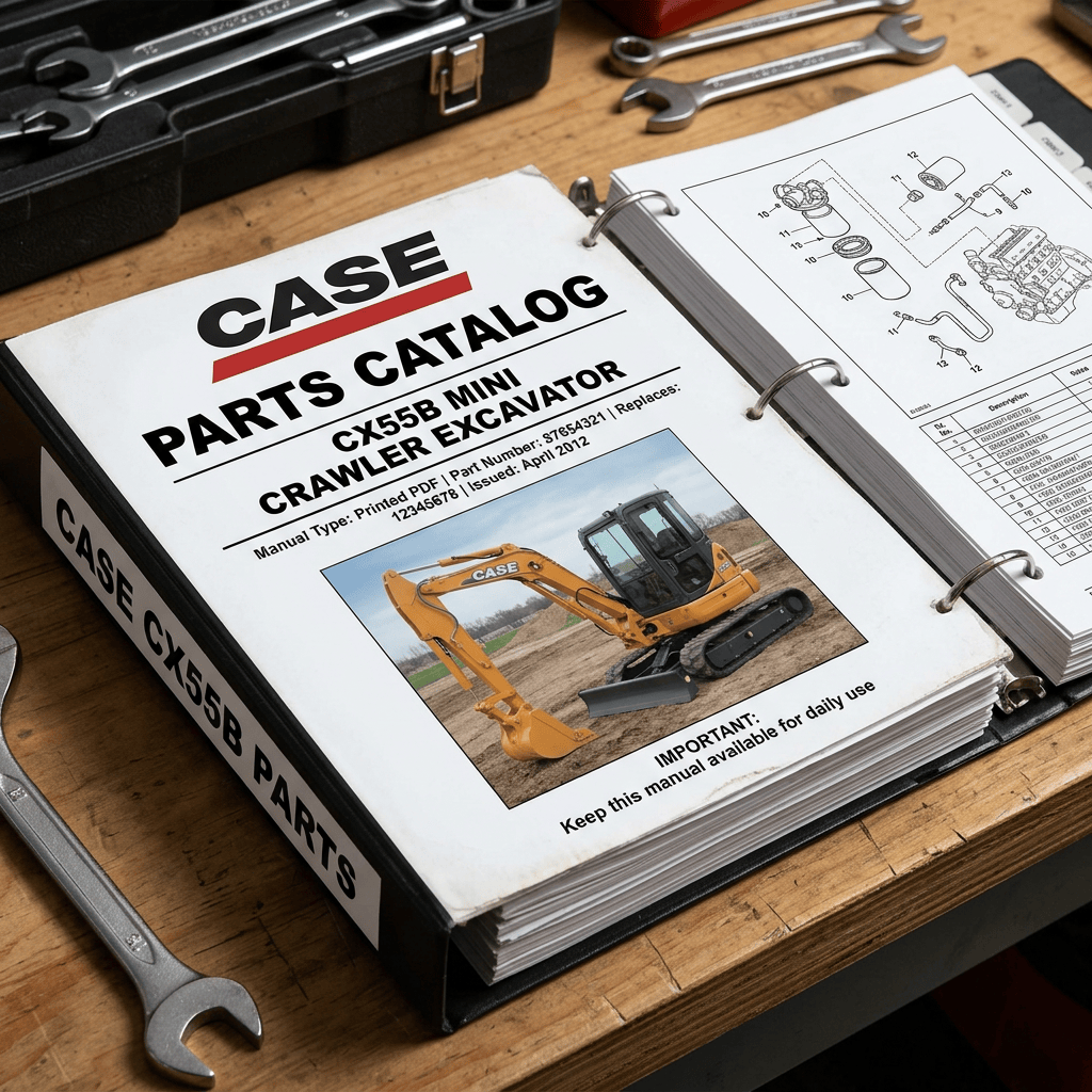 Case Parts Catalog for CX55B Mini Crawler Excavator, printed April 2012, beside tools