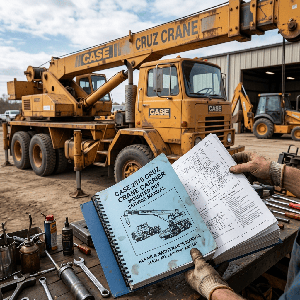 Case Cruz 2510 crane carrier with open service manual labeled Repair and Maintenance Manual