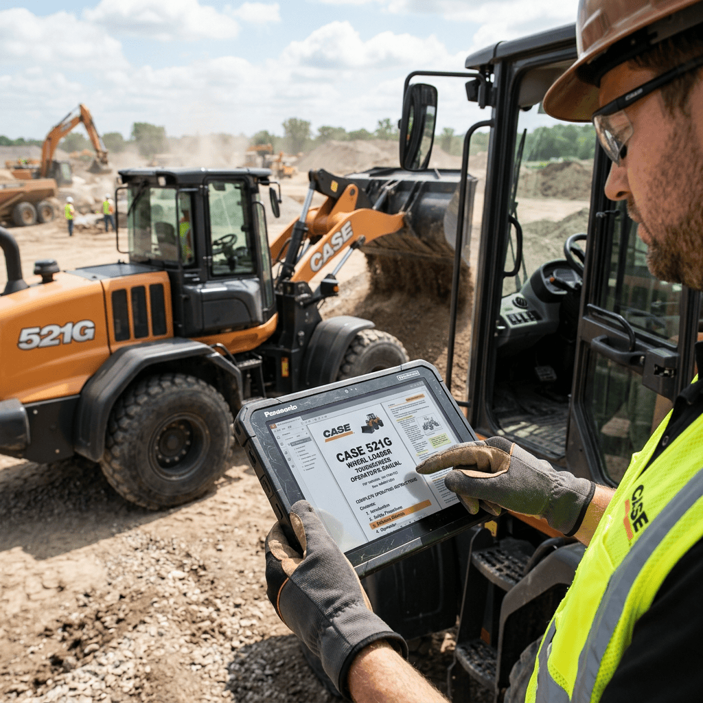 Worker holds tablet displaying CASE 521G wheel loader training materials at construction site