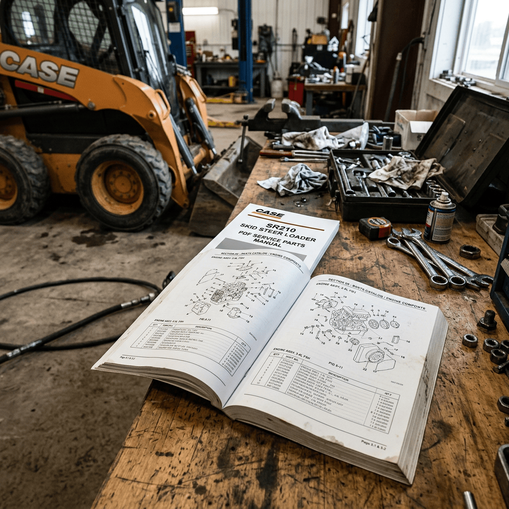Open CASE SR210 skid steer loader service parts manual beside tools and equipment