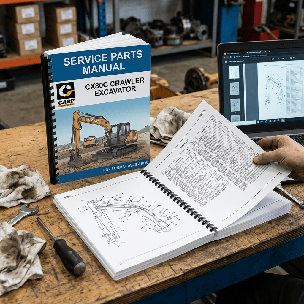 CASE CX800C crawler excavator service parts manual with technical diagrams and laptop