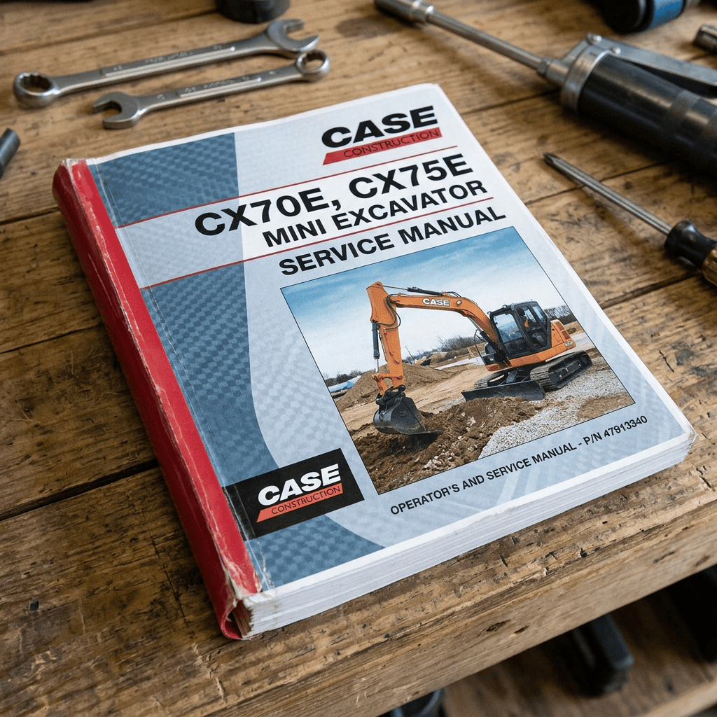 Case Construction CX70E, CX75E Mini Excavator Service Manual on a workbench