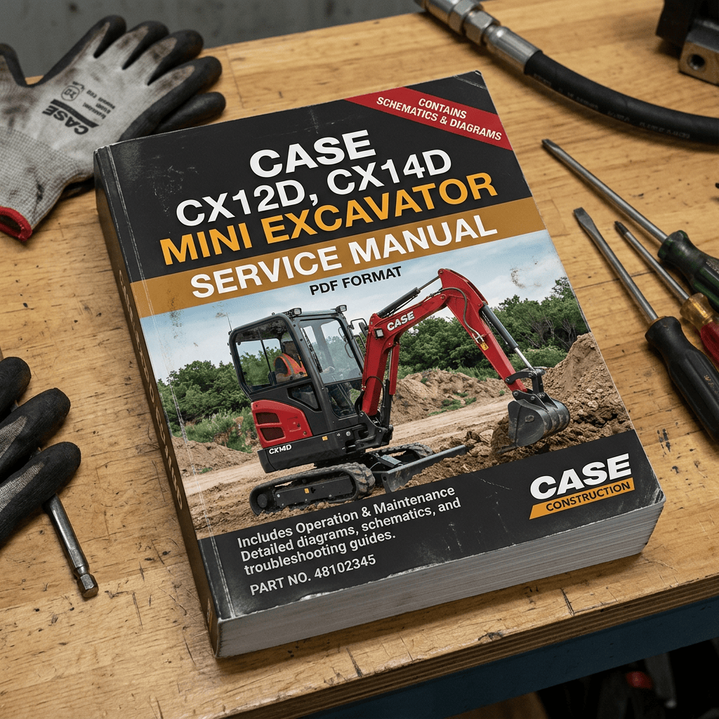 Case CX12D, CX14D mini excavator service manual on a workbench