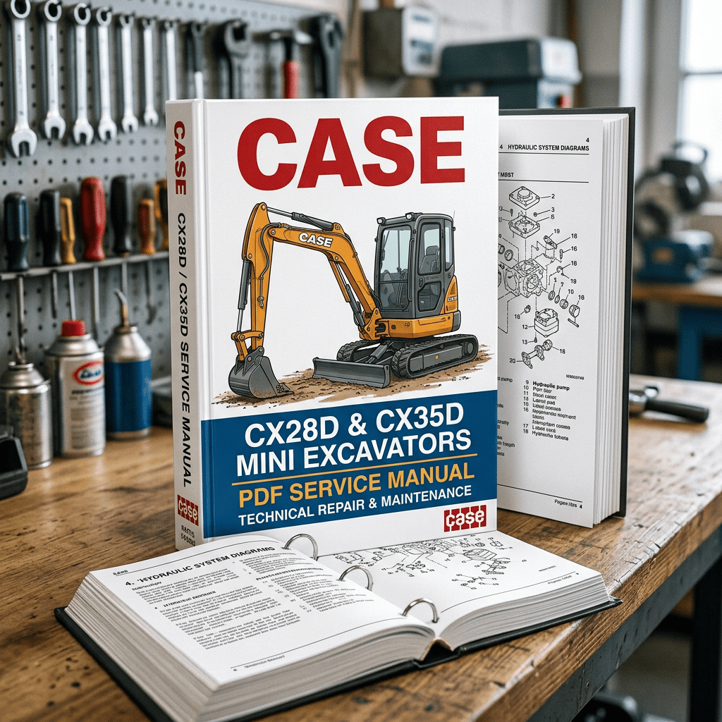 CASE CX28D and CX35D mini excavator service manual beside open hydraulic diagrams