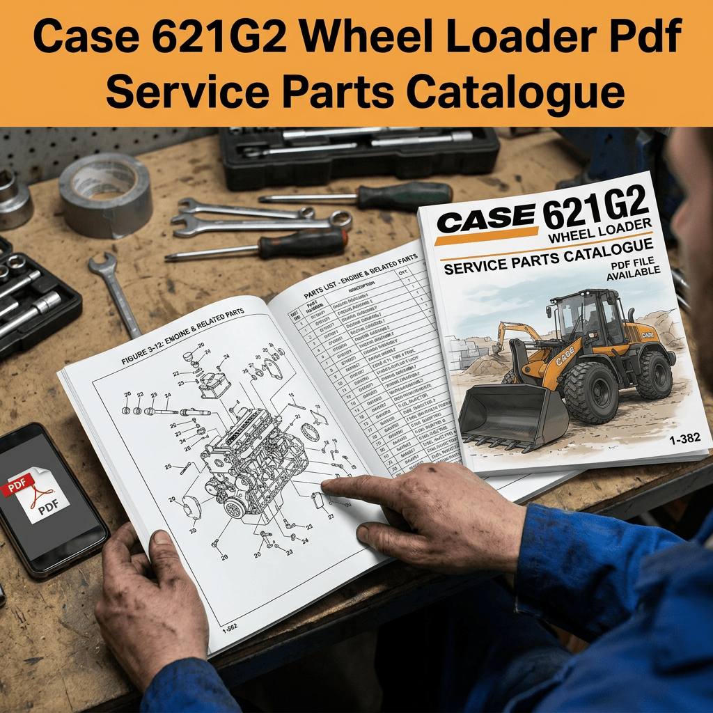 Case 621G2 Wheel Loader Pdf Service Parts Catalogue; open parts manual with engine diagram, parts list, and cover reading CASE 621G2 WHEEL LOADER SERVICE PARTS CATALOGUE PDF FILE AVAILABLE 1-382.