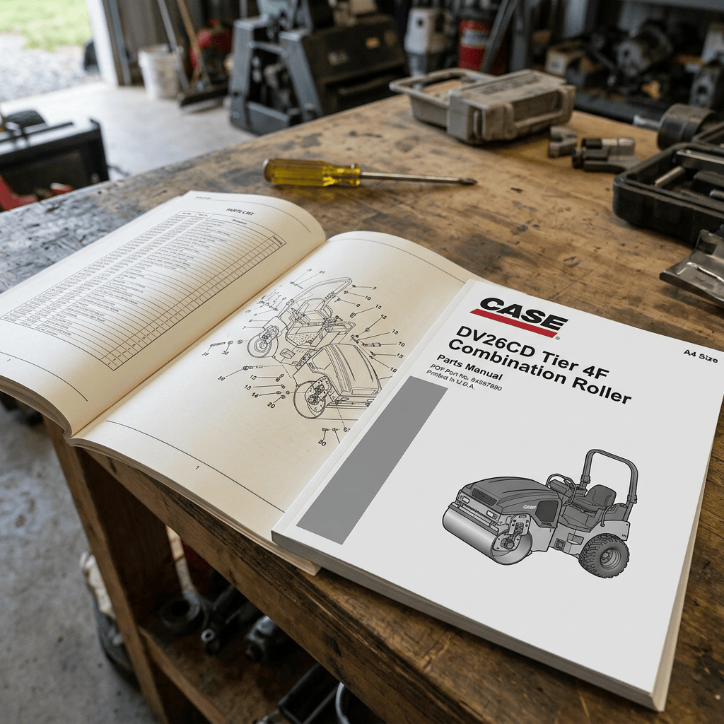 CASE D26CD Tier 4F Combination Roller parts manual open beside an exploded diagram in a workshop