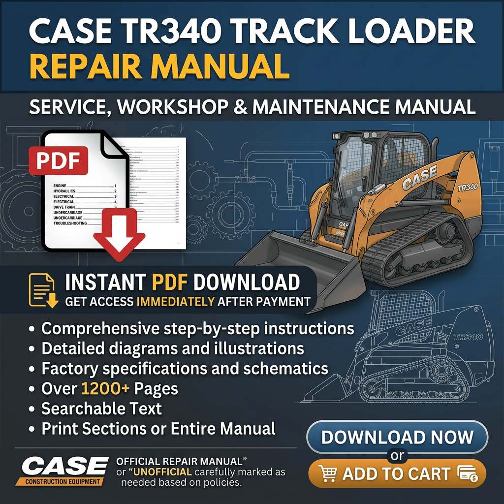 CASE TR340 TRACK LOADER REPAIR MANUAL; SERVICE, WORKSHOP & MAINTENANCE MANUAL; PDF; INSTANT PDF DOWNLOAD; GET ACCESS IMMEDIATELY AFTER PAYMENT; Comprehensive step-by-step instructions; Detailed diagrams and illustrations; Factory specifications and schematics; Over 1200+ Pages; Searchable Text; Print Sections or Entire Manual; DOWNLOAD NOW; ADD TO CART; OFFICIAL REPAIR MANUAL or UNOFFICIAL carefully marked as needed based on policies.