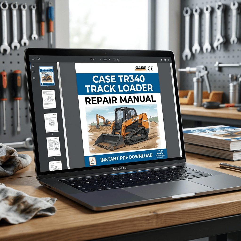 Laptop displaying CASE TR340 TRACK LOADER REPAIR MANUAL PDF