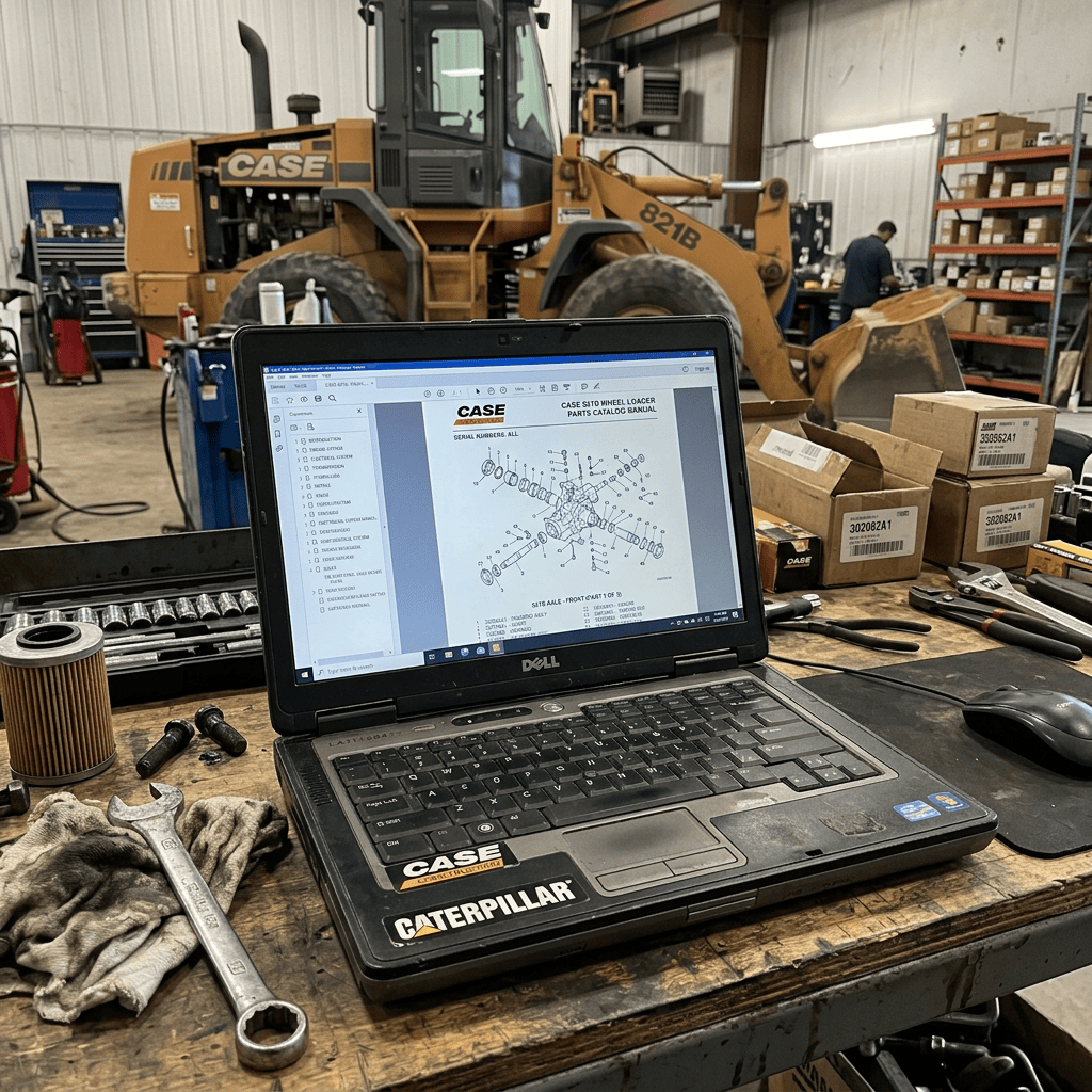 Laptop displaying a CASE 821B loader parts catalog in a repair workshop