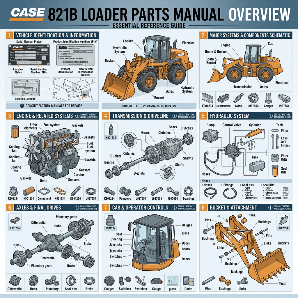 CASE 821B loader parts manual overview covering eight major systems and components