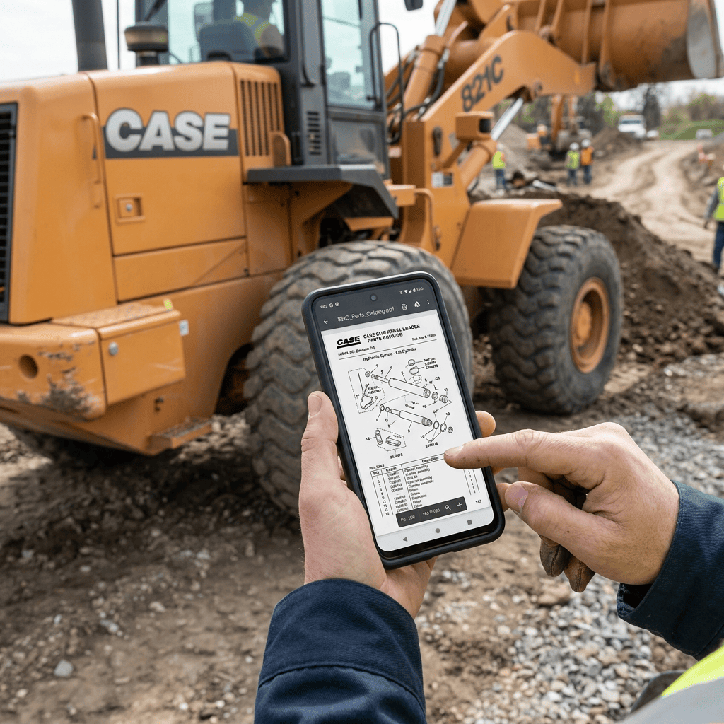 Worker viewing a CASE loader service manual on a smartphone beside an 822C loader