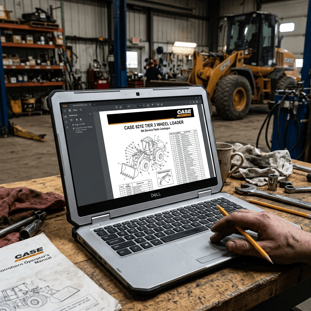 Laptop displaying CASE 621E Tier 3 Wheel Loader NA Service Parts Catalogue in repair shop