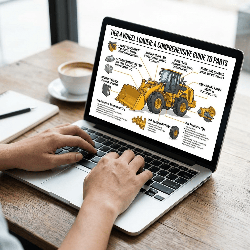Laptop showing “Tier 4 Wheel Loader: A Comprehensive Guide to Parts” with labeled loader components