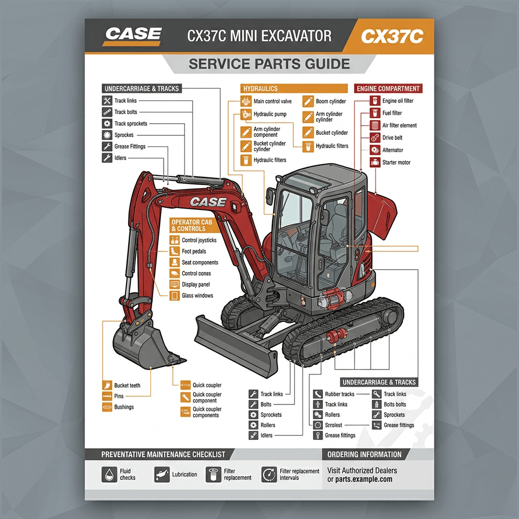 CASE CX37C Mini Excavator Service Parts Guide showing labeled components