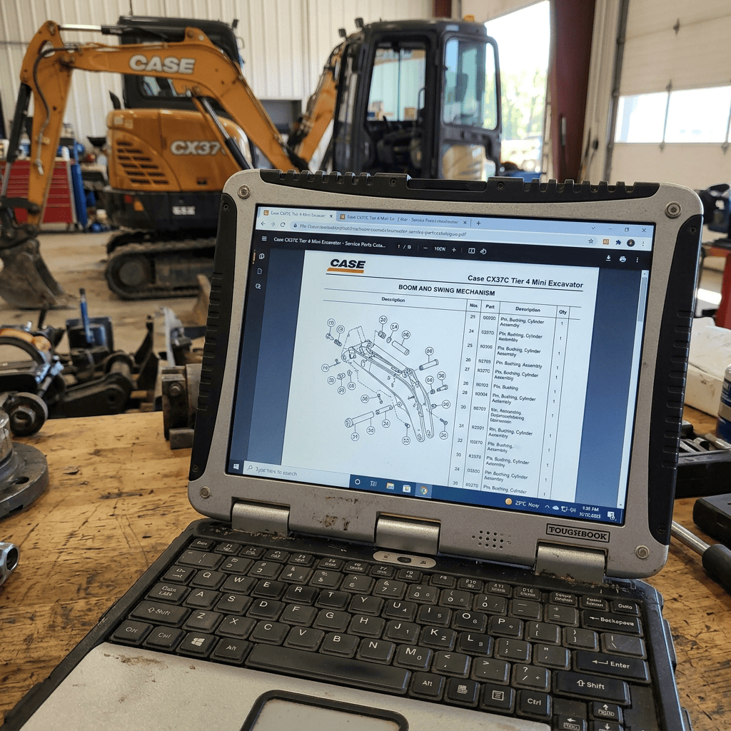 Rugged laptop showing a Case CX37C mini excavator service manual beside an excavator