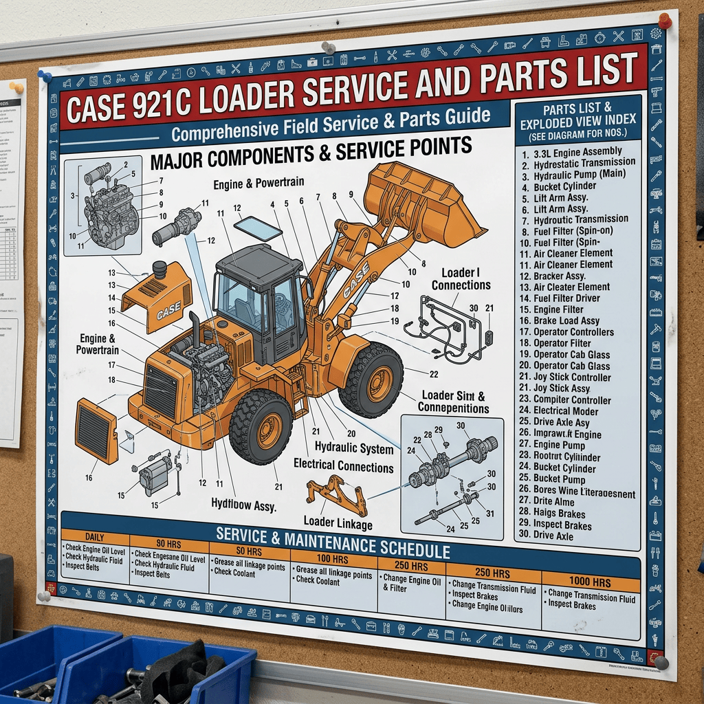 Case 921C Loader Service and Parts List poster with annotated loader diagram