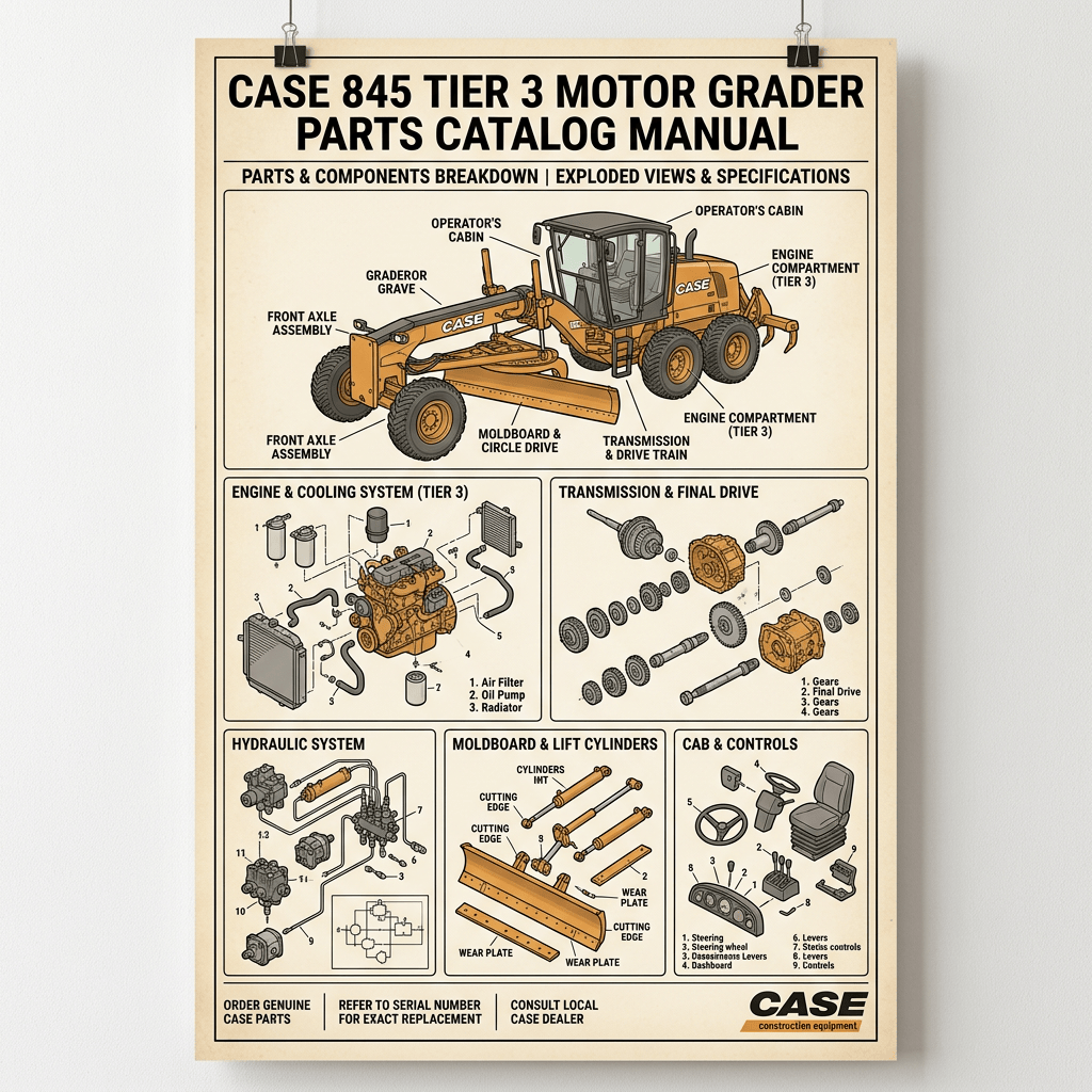 Case 845 Tier 3 Motor Grader Parts Catalog Manual; parts and components breakdown, exploded views and specifications.