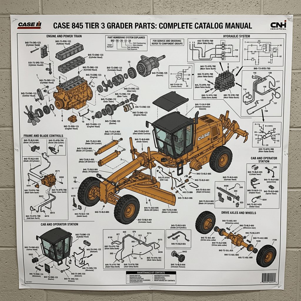Case 845 Tier 3 grader parts catalog poster with labeled components