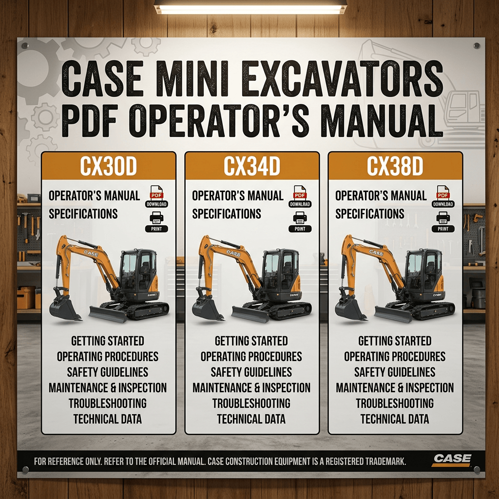 CASE MINI EXCAVATORS PDF OPERATOR’S MANUAL; CX30D, CX34D, and CX38D operator manuals and specifications; getting started, operating procedures, safety guidelines, maintenance and inspection, troubleshooting, technical data.