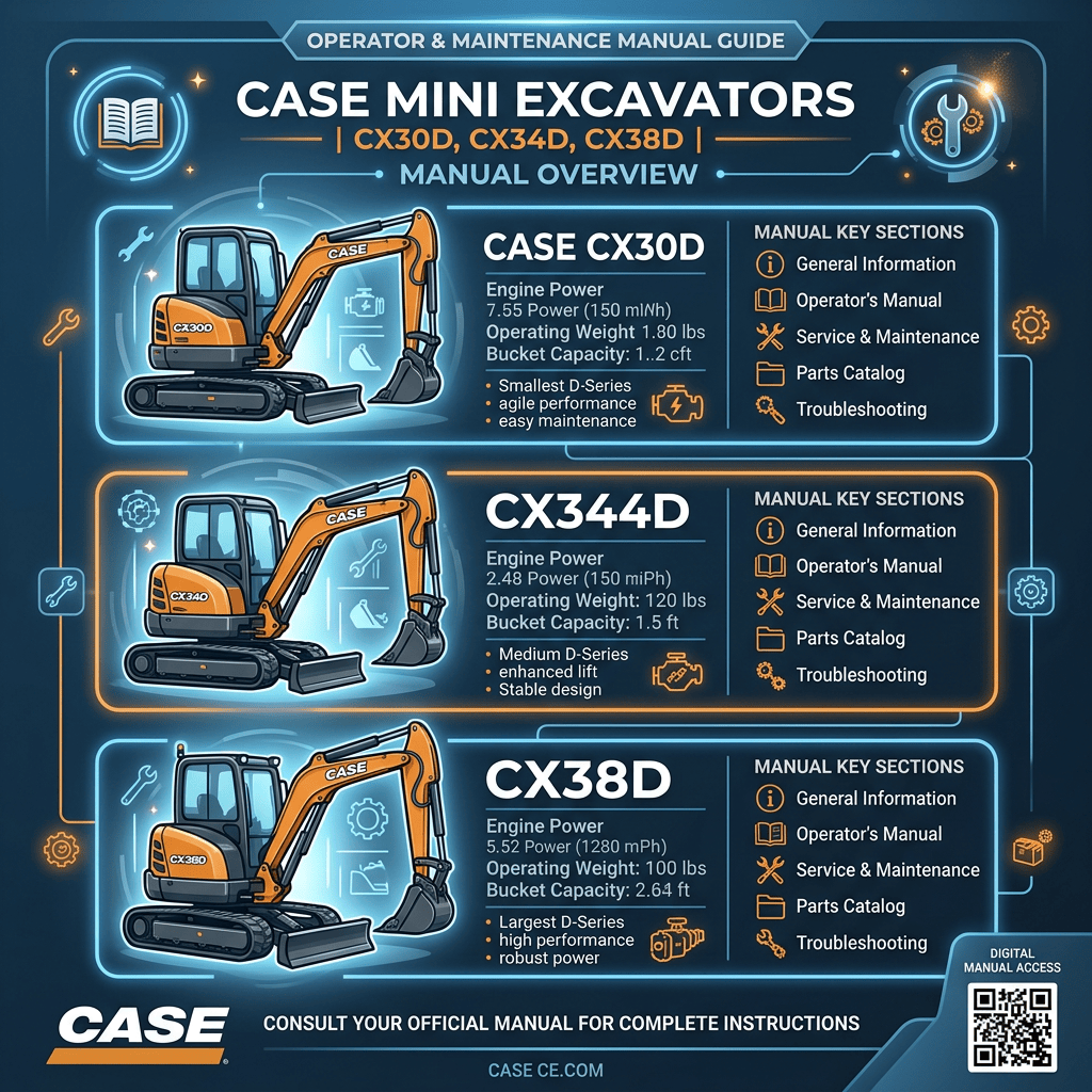 Operator and Maintenance Manual Guide: Case Mini Excavators CX30D, CX34D, CX38D; Manual Overview; specifications, manual key sections, official manual access.