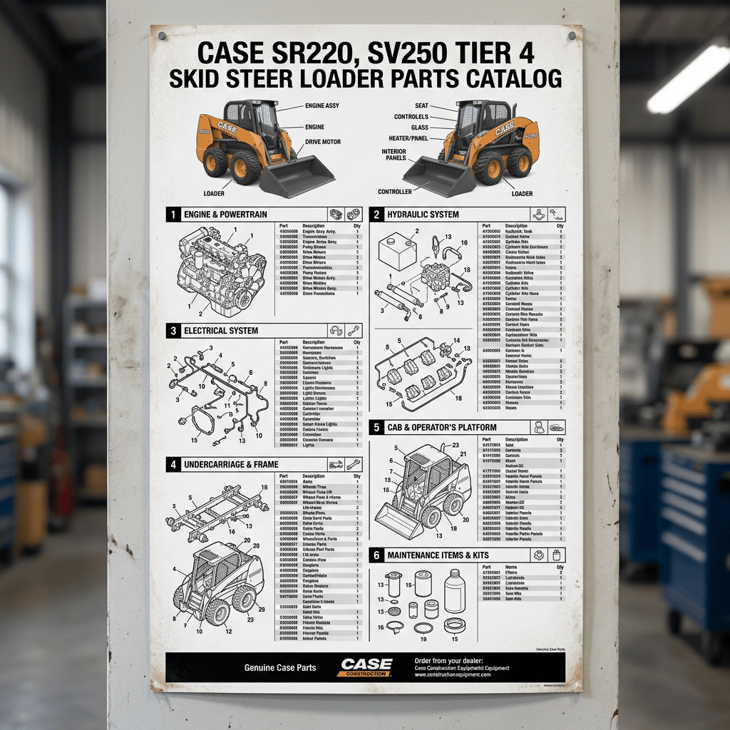 Case SR220, SV250 Tier 4 Skid Steer Loader Parts Catalog, with sections for engine, hydraulics, electrical system, undercarriage, cab, and maintenance kits.
