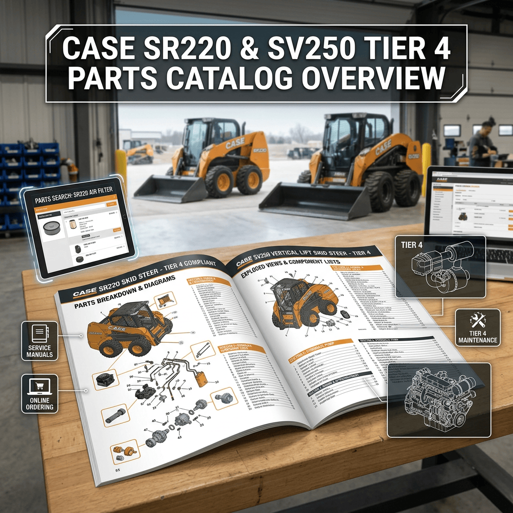 CASE SR220 and SV250 Tier 4 parts catalog overview with skid steers