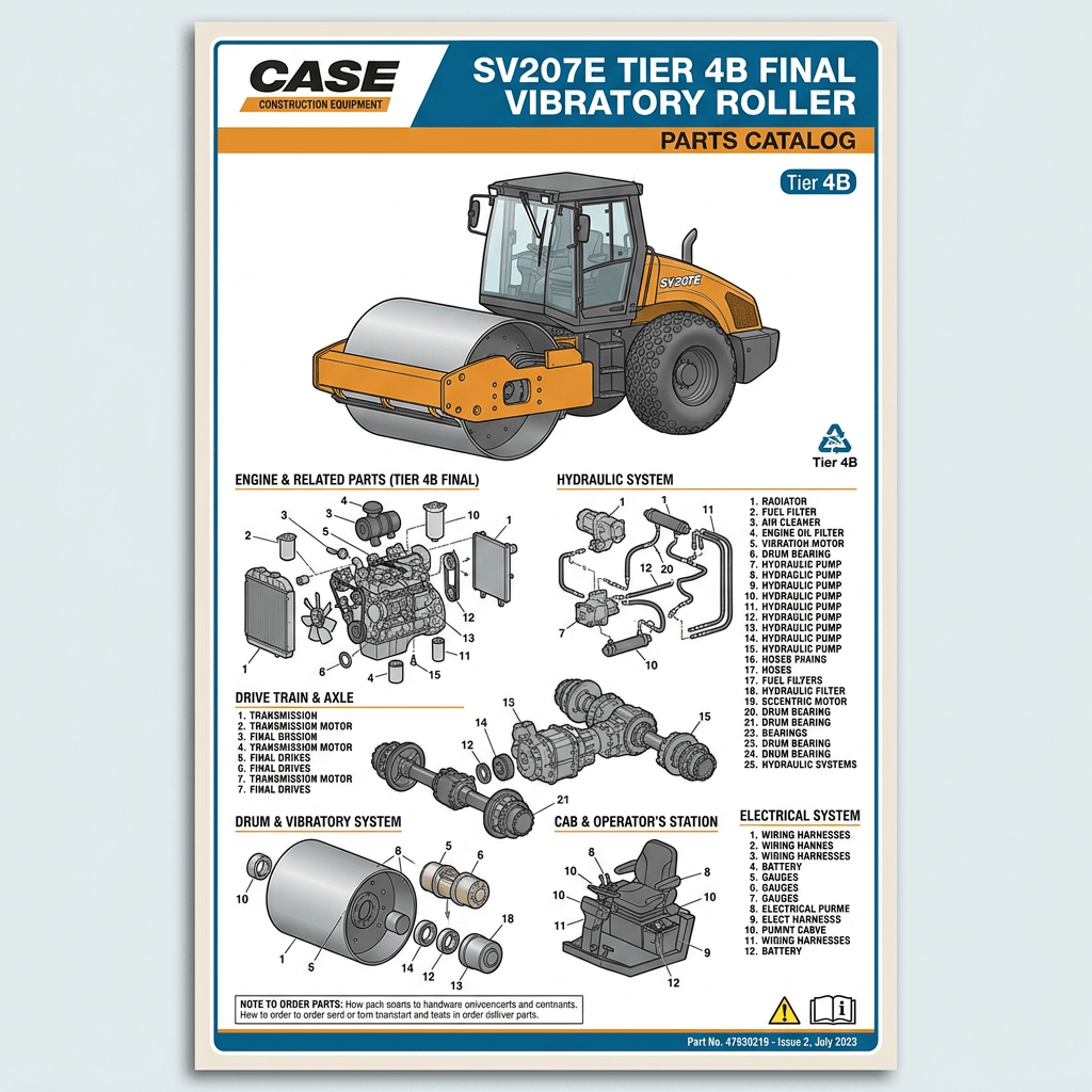 Case SV207E Tier 4B final vibratory roller parts catalog cover with labeled system diagrams