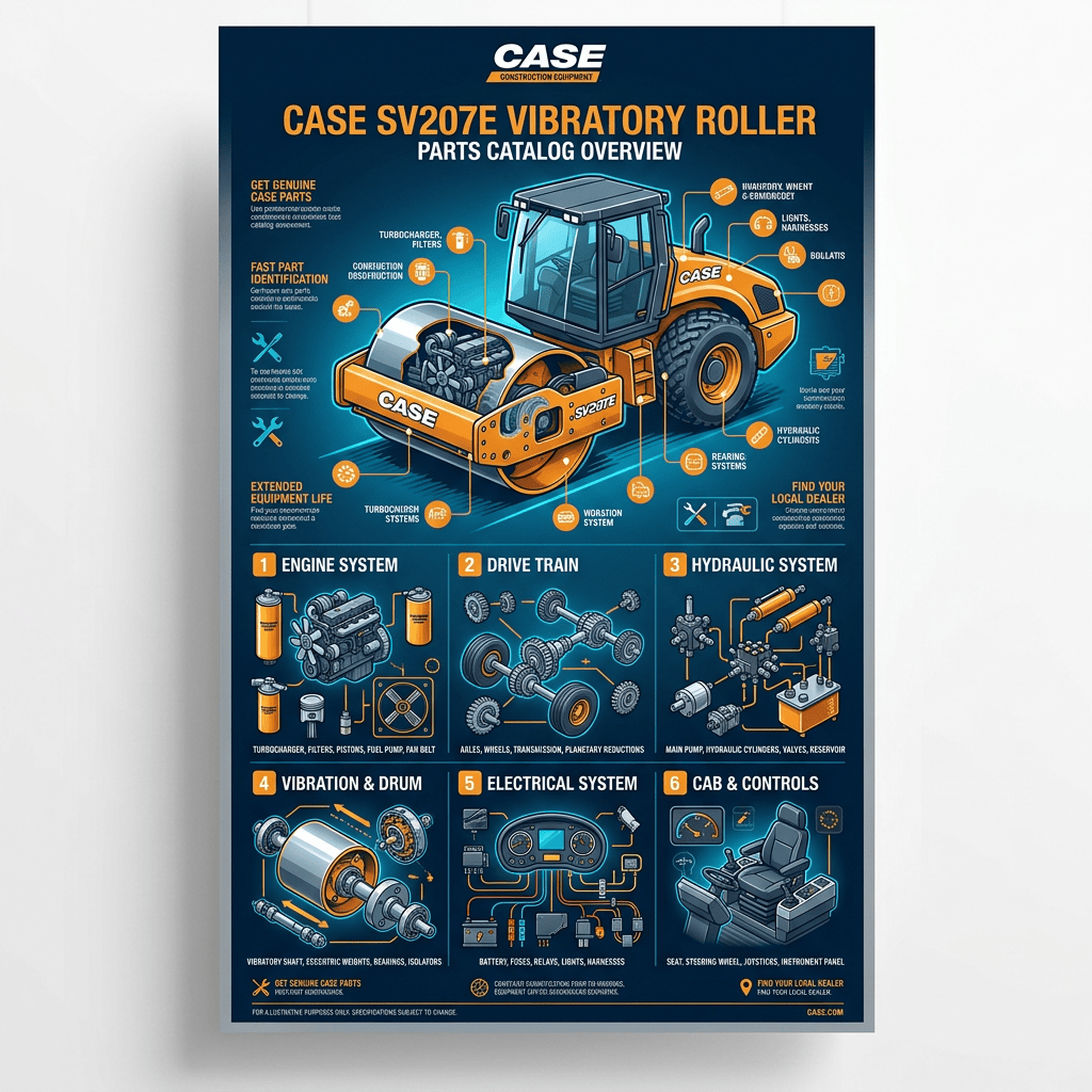 CASE SV207E Vibratory Roller Parts Catalog Overview infographic
