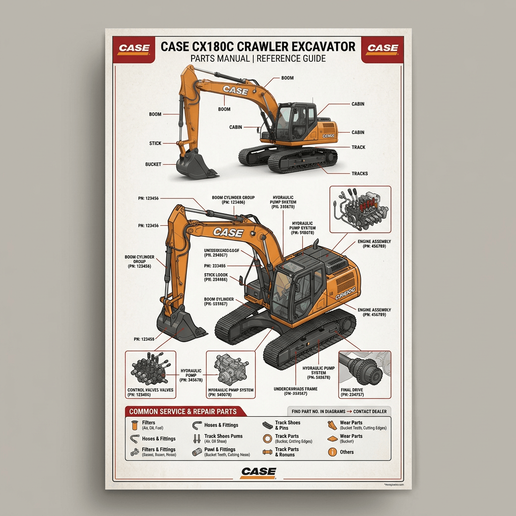 CASE CX180C crawler excavator parts manual with labeled components and service parts