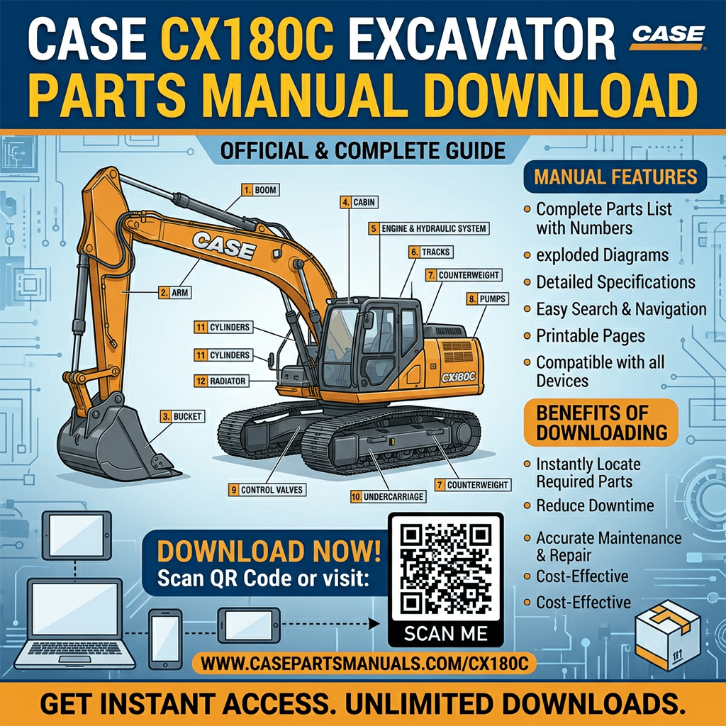 CASE CX180C excavator parts manual download. Official and complete guide featuring labeled excavator components, manual features, download QR code, website www.casepartsmanuals.com/cx180c, and benefits of downloading.