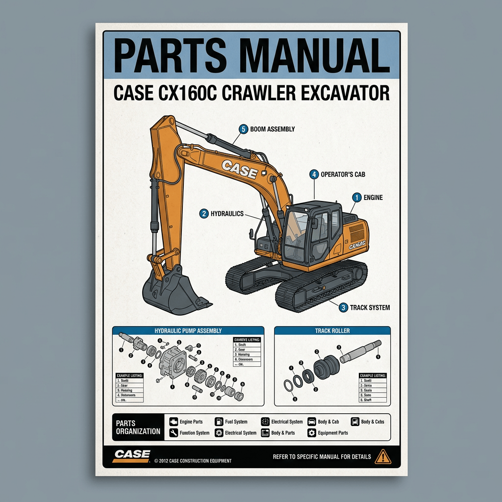 Parts manual for CASE CX160C crawler excavator with labeled engine, hydraulics, cab, boom, and tracks