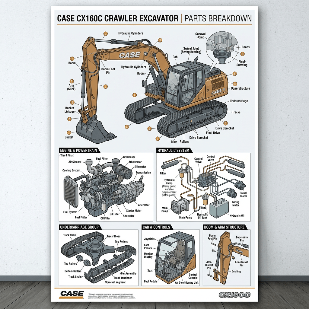 Case CX160C excavator parts breakdown with labeled systems and components