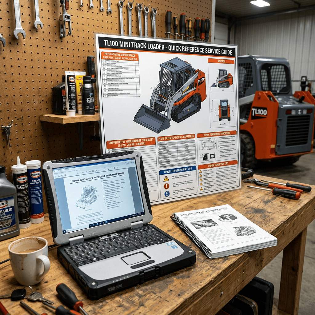 TL100 mini track loader service guide beside laptop, manual, tools, and tracked loader