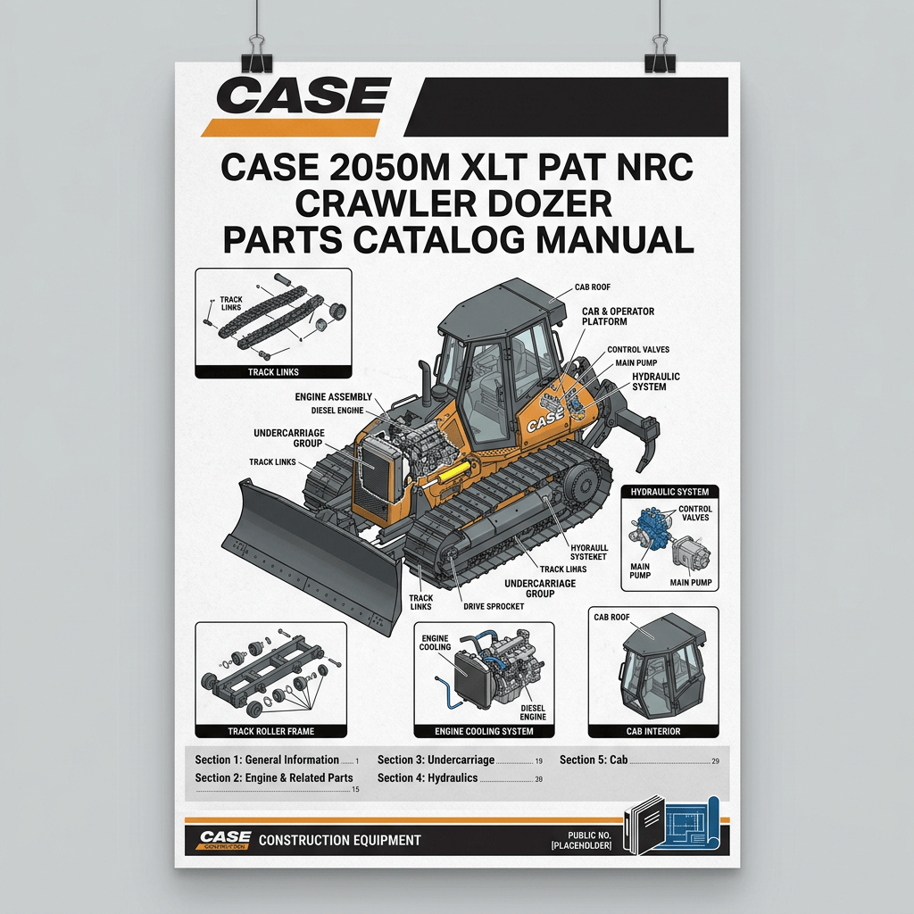 CASE 2050M XLT PAT NRC Crawler Dozer Parts Catalog Manual; CASE Construction Equipment; Track Links; Engine Assembly; Diesel Engine; Undercarriage Group; Hydraulic System; Cab Roof; Cab and Operator Platform; Control Valves; Main Pump; Track Roller Frame; Engine Cooling System; Cab Interior; Sections 1 General Information, 2 Engine and Related Parts, 3 Undercarriage, 4 Hydraulics, 5 Cab; Public No. [Placeholder].