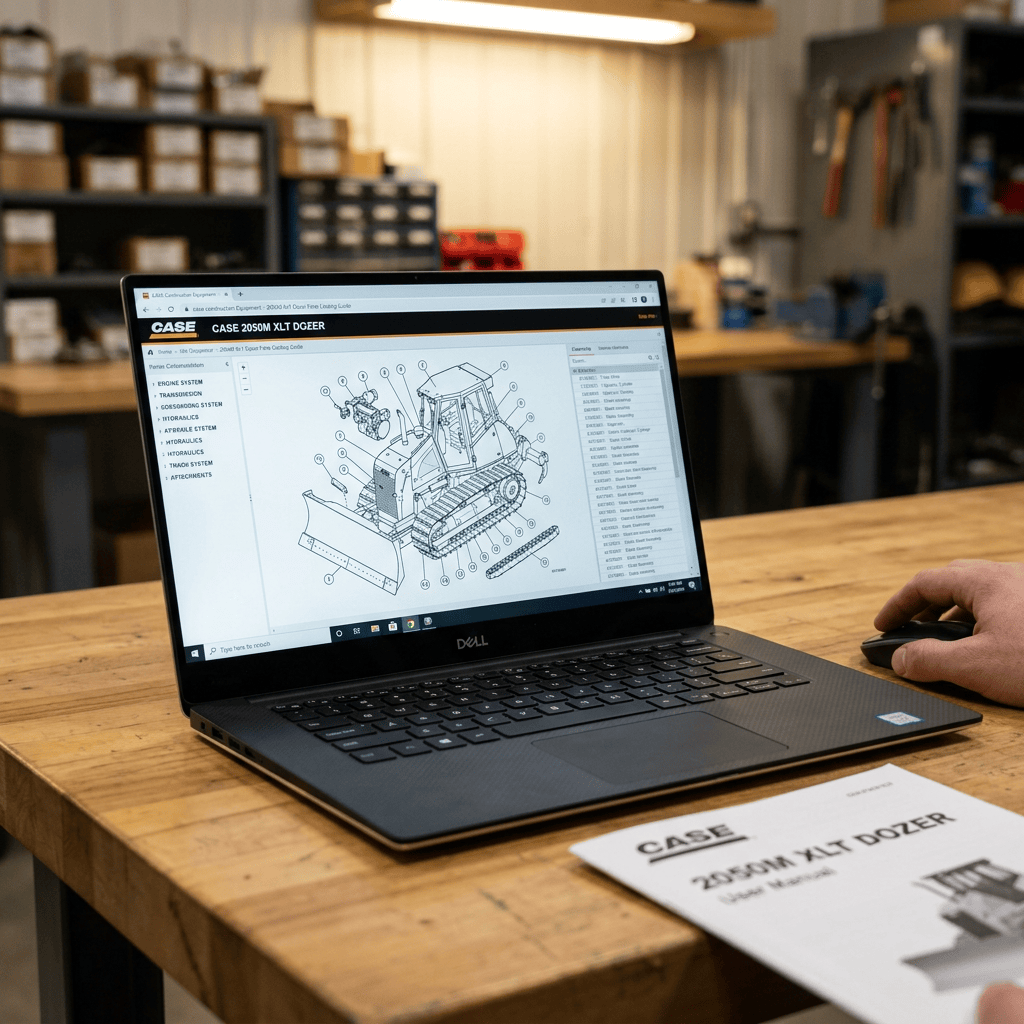 Laptop displaying a CASE 2050M XLT dozer parts diagram and manual