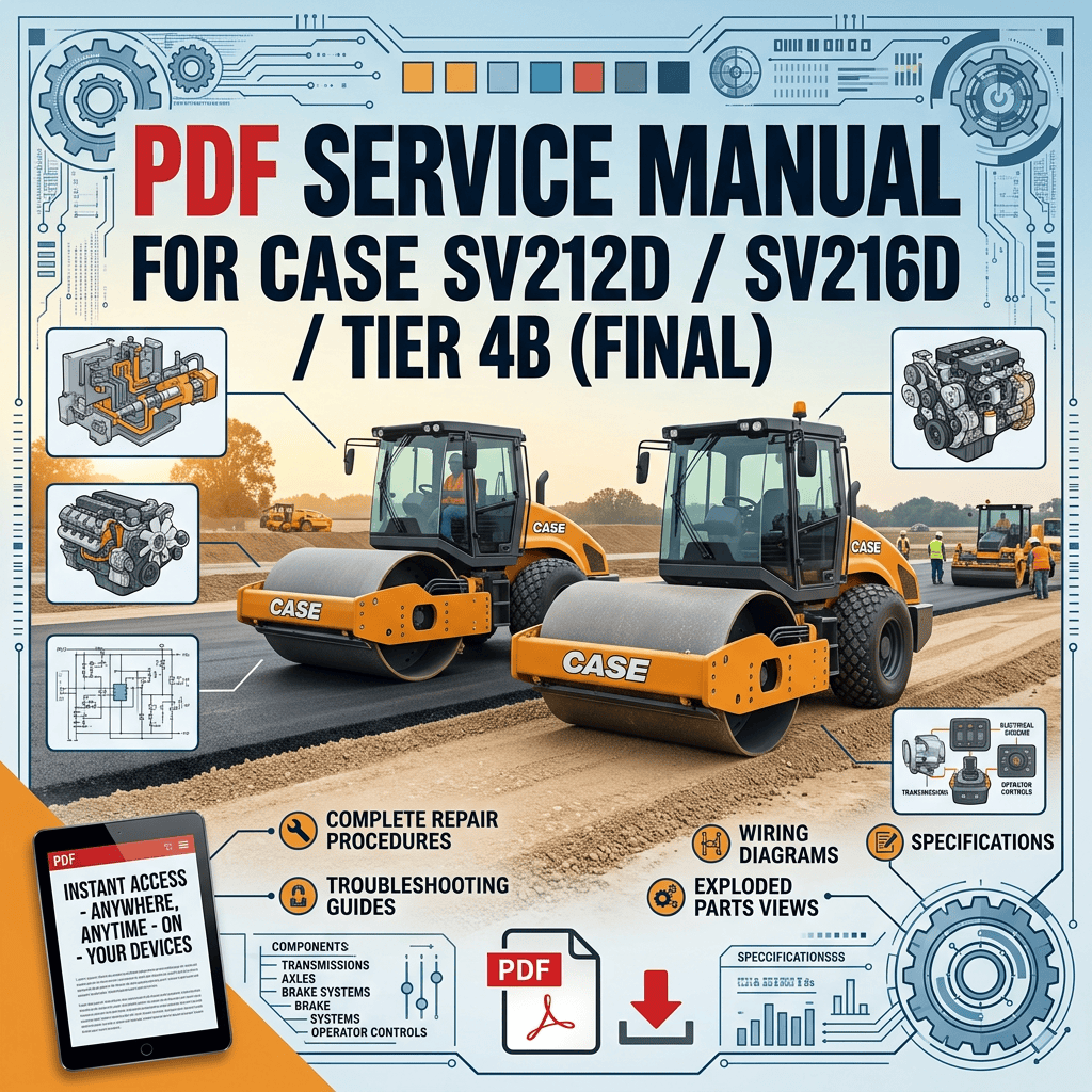 PDF Service Manual for CASE SV212D / SV216D / Tier 4B (Final), featuring CASE road rollers, repair diagrams, and download information