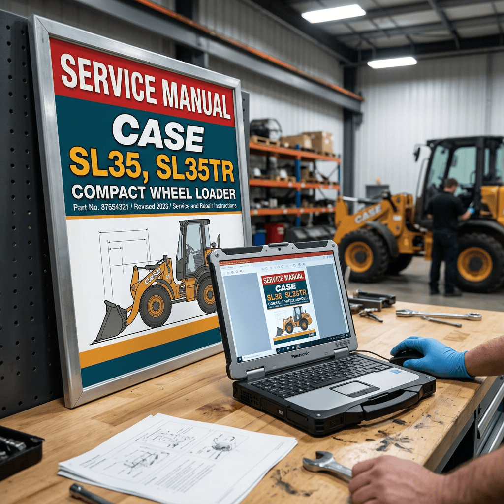 Case SL35 and SL35TR compact wheel loader service manual beside laptop in workshop