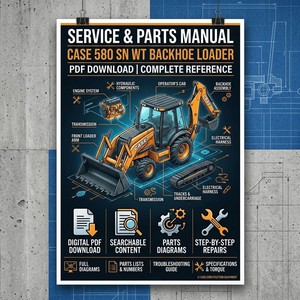 Service and parts manual poster for Case 580 SN WT backhoe loader