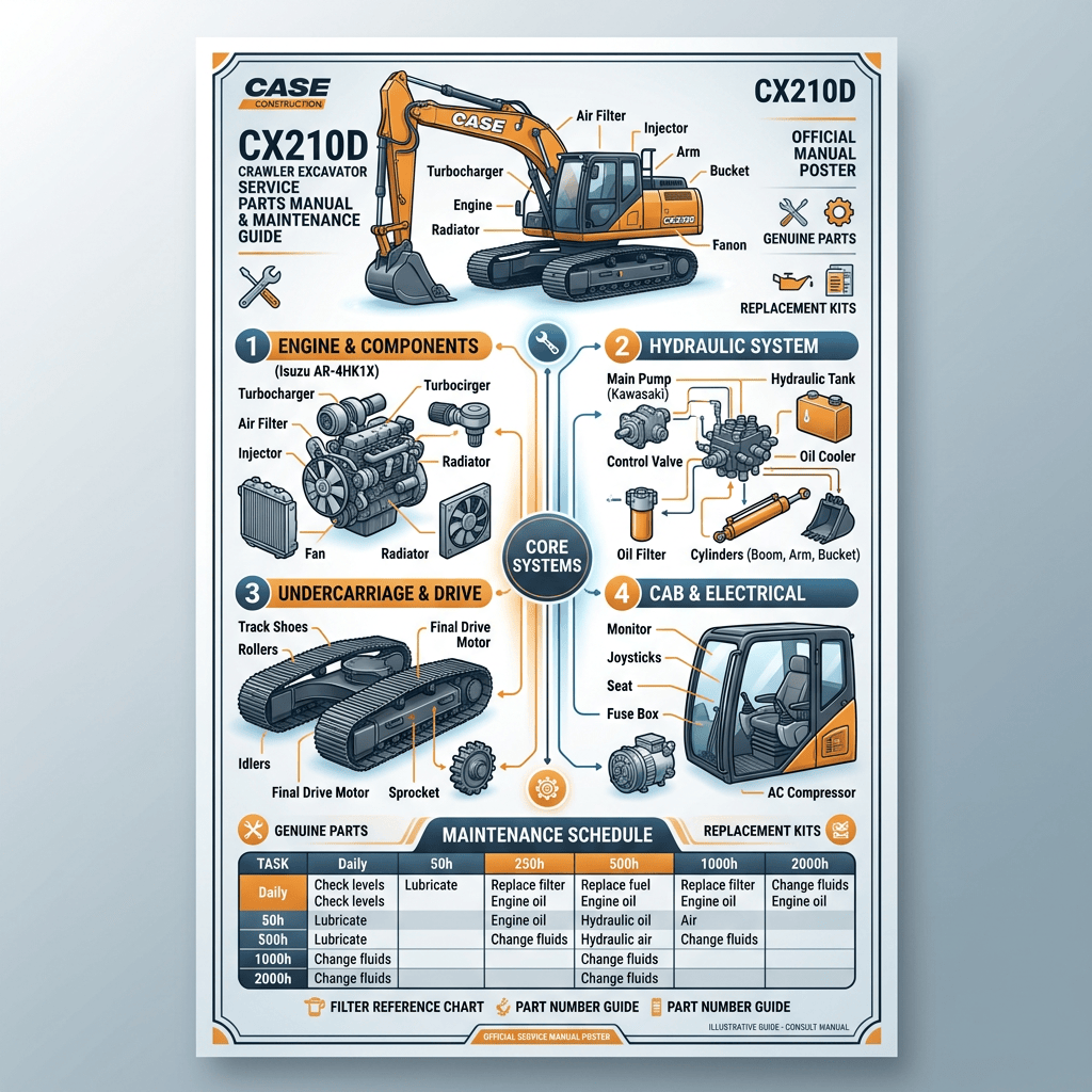 CASE CX210D excavator service manual poster with labeled systems and maintenance schedule