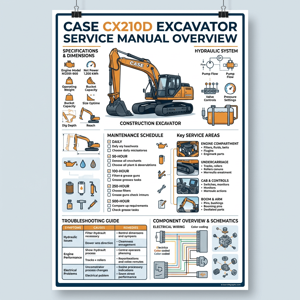 CASE CX210D Excavator Service Manual Overview with specifications, maintenance schedule, hydraulics, troubleshooting, and wiring schematics