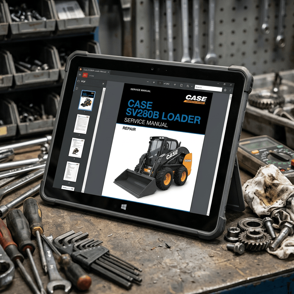 Tablet displaying CASE SV280B loader service manual on a workshop bench