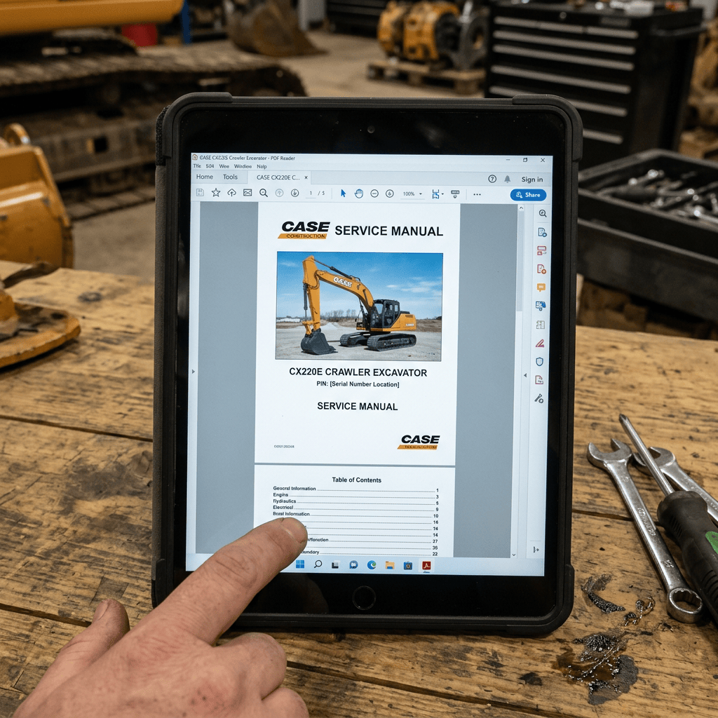 Tablet displaying CASE CX220E crawler excavator service manual on workbench