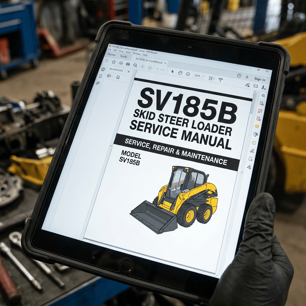 Tablet displaying SV185B skid steer loader service manual cover