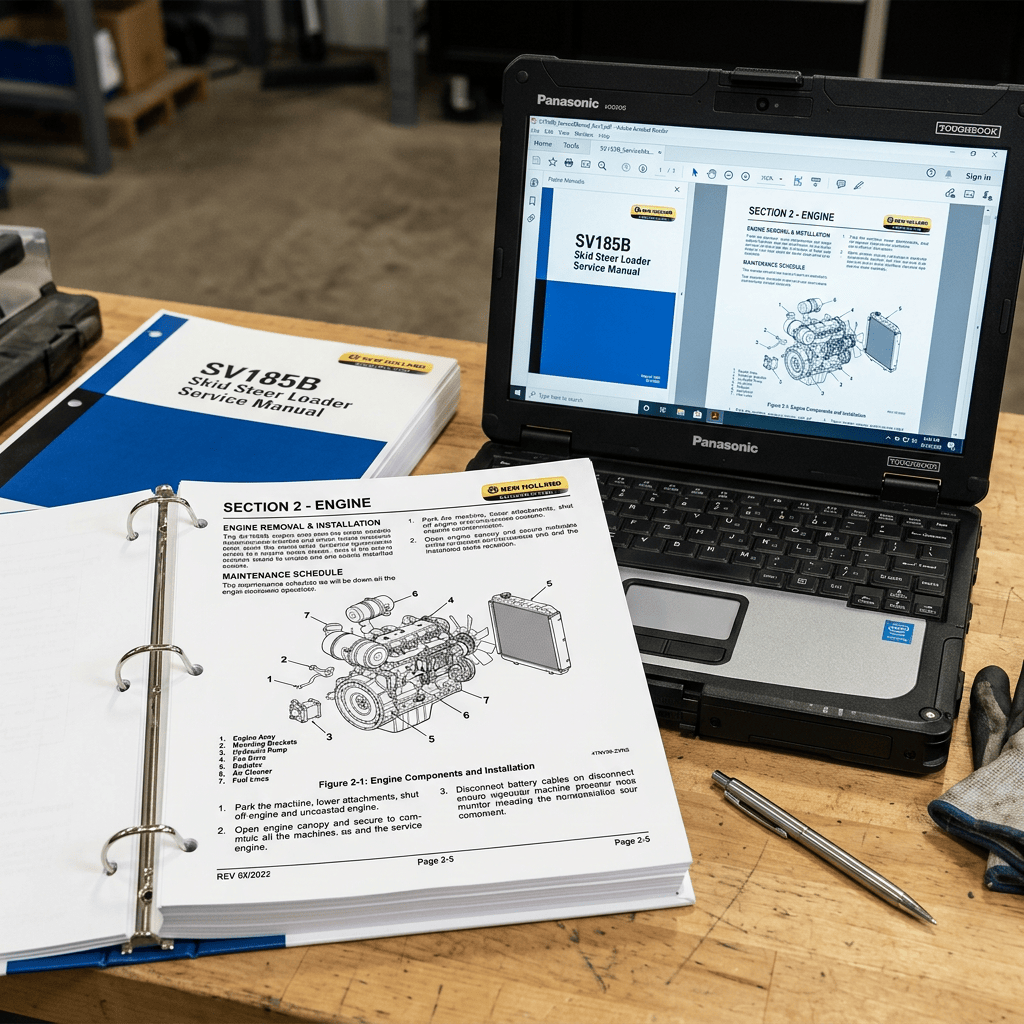 SV185B skid steer loader service manual beside digital engine maintenance diagram